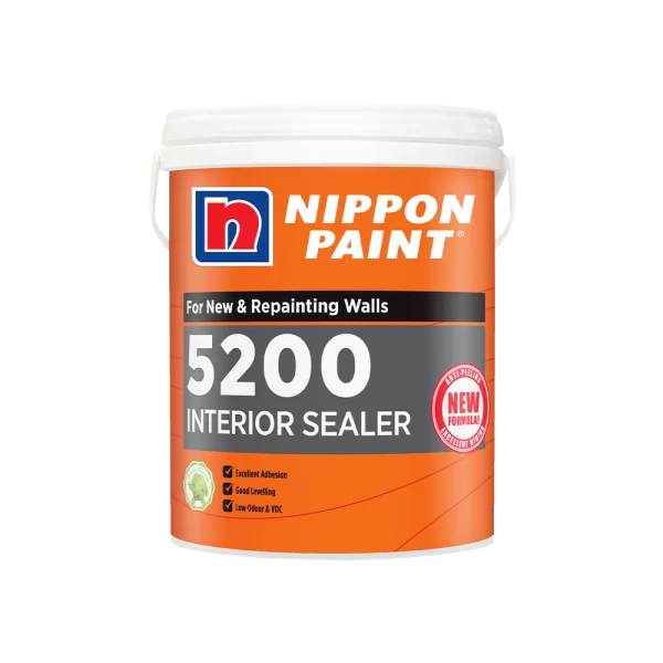 Nippon Paint 5200 Interior Sealer in a white container, designed for new and repainting walls, featuring excellent adhesion, good leveling, and low odor with VOC compliance.
