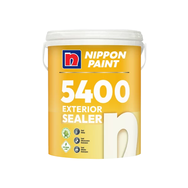 Nippon Paint 5400 Exterior Sealer in a yellow container, designed for optimal adhesion and weather resistance, featuring eco-friendly attributes and low VOC content for safe use.
