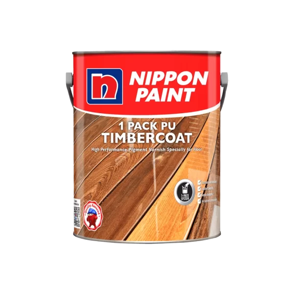 Nippon Paint 1 Pack PU Timbercoat, a high-performance pigment varnish designed specifically for flooring, showcased in a can. Ideal for enhancing and protecting wooden surfaces.
