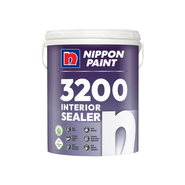 Nippon Paint 3200 Interior Sealer container showcasing its features, including good adhesion, excellent hiding, and resistance to moisture, perfect for achieving a smooth finish indoors.