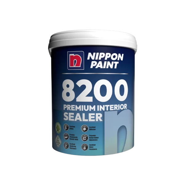 Nippon Paint 8200 Premium Interior Sealer container, designed for excellent adhesion and superior hiding. Features include smooth finish, enhanced color appearance, and strong water resistance, ideal for interior surfaces.