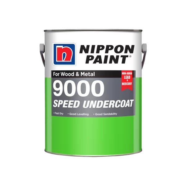 Nippon Paint 9000 Speed Undercoat for wood and metal, featuring fast drying, good leveling, and excellent sandability. Non-added lead and mercury for safer application.