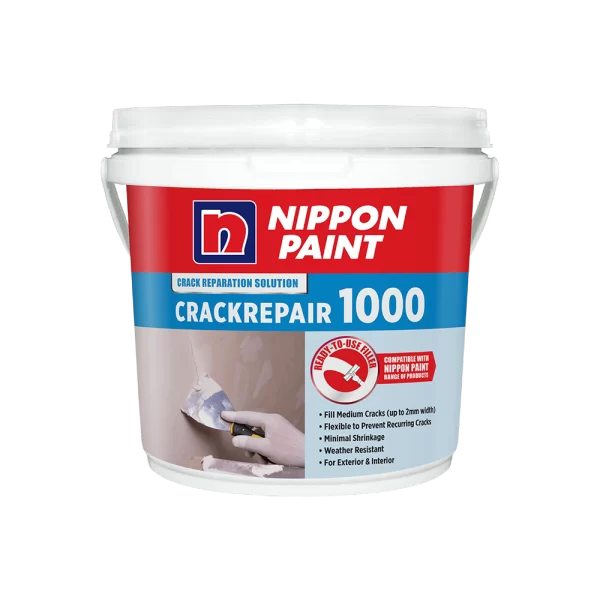Nippon Paint CrackRepair 1000, a ready-to-use crack repair solution, designed to fill medium cracks up to 2mm, offering flexibility to prevent recurring cracks. Ideal for both exterior and interior applications, it provides minimal shrinkage and is weather resistant.