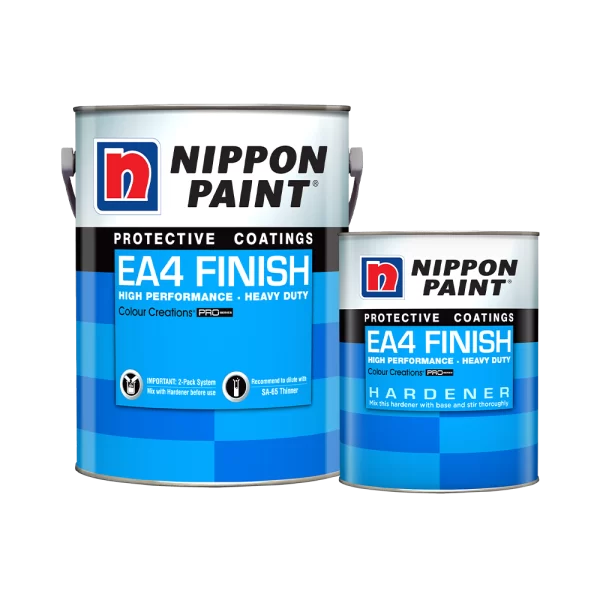 Nippon Paint EA4 Finish product display featuring a high-performance paint can and a hardener can, both designed for heavy-duty protective coatings in vibrant blue.