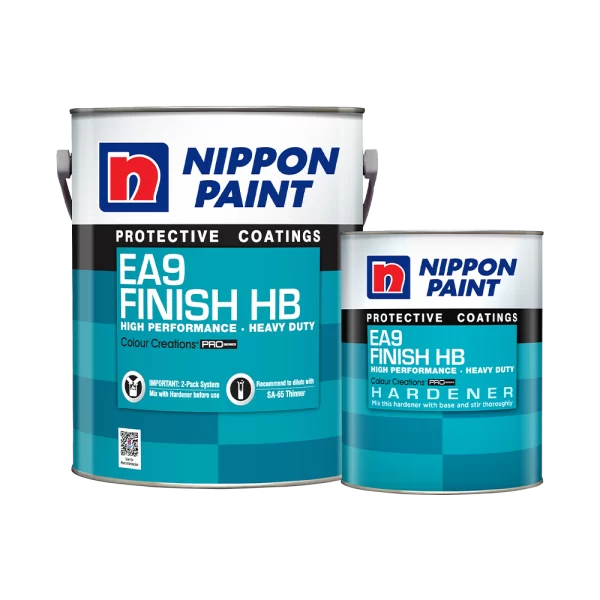 Nippon Paint EA9 Finish HB protective coatings in two cans, featuring high-performance and heavy-duty formulations. The larger can is the base, while the smaller can is the hardener for optimal mixing. Ideal for durable and long-lasting finishes.