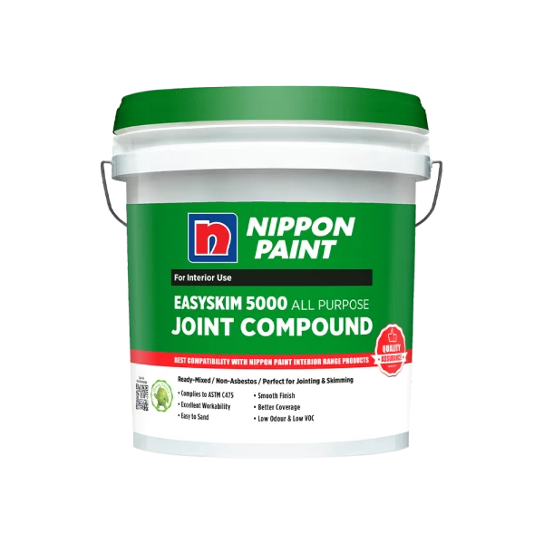 Nippon Paint Easyskim 5000 All Purpose Joint Compound in a bucket, designed for interior use. Features include ready-mixed formulation, compliance with ASTM C475, excellent workability, smooth finish, better coverage, low odor, and low VOC. Ideal for jointing and skimming with compatibility across Nippon Paint interior range products.