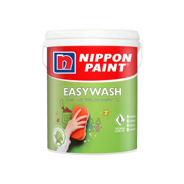 Nippon Paint Easywash interior wall paint in a green container, featuring a hand holding a sponge, highlighting its classy matt finish and easy cleaning properties. Ideal for maintaining a fresh look on indoor walls.