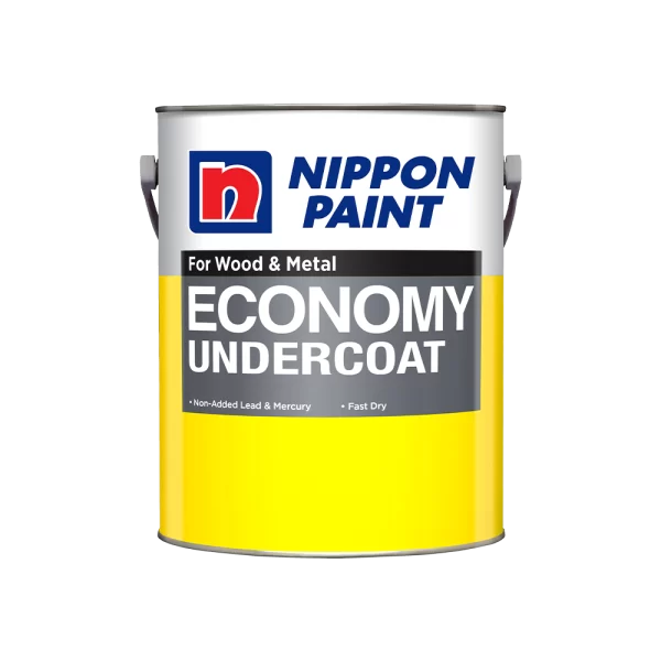 Nippon Paint Economy Undercoat for wood and metal, featuring a fast-dry formula and non-added lead and mercury, presented in a yellow can.
