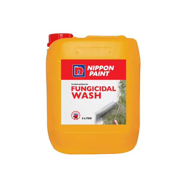Nippon Paint Fungicidal Wash in a 5-liter container, designed for both exterior and interior use, effectively removes mold and mildew. Ideal for preparing surfaces before painting.