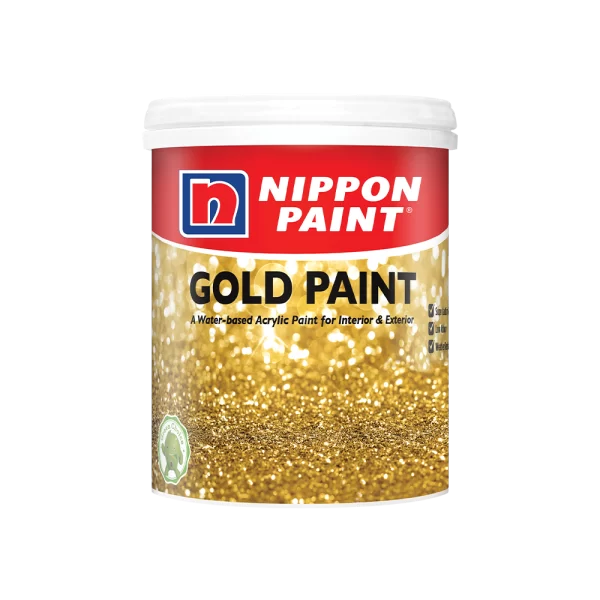 Nippon Paint Gold Paint container showcasing a water-based acrylic formula suitable for both interior and exterior surfaces, featuring a shimmering gold finish. Ideal for adding a touch of elegance to any project.