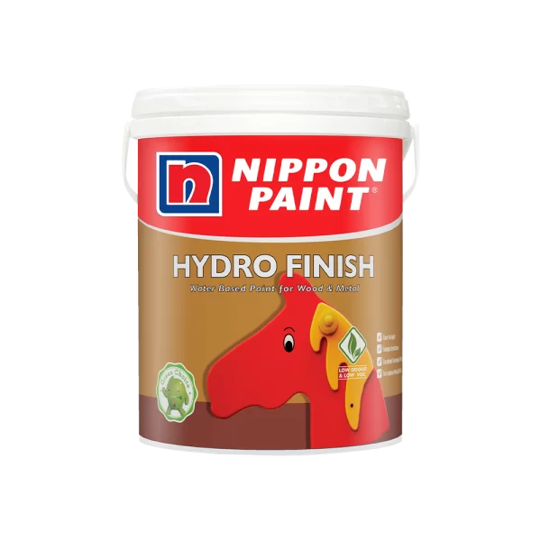 Nippon Paint Hydro Finish water-based paint for wood and metal, featuring low odor and low VOC properties, ideal for interior and exterior applications.