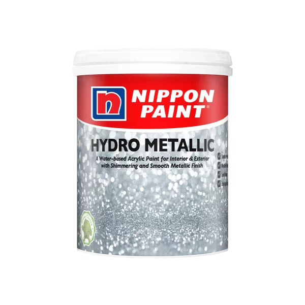 Nippon Paint Hydro Metallic is a water-based acrylic paint designed for both interior and exterior use, featuring a shimmering and smooth metallic finish.