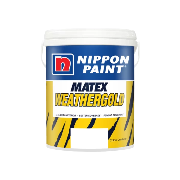 Nippon Paint Matex Weathergold paint can, designed for both exterior and interior use, featuring benefits like better coverage and fungus resistance.