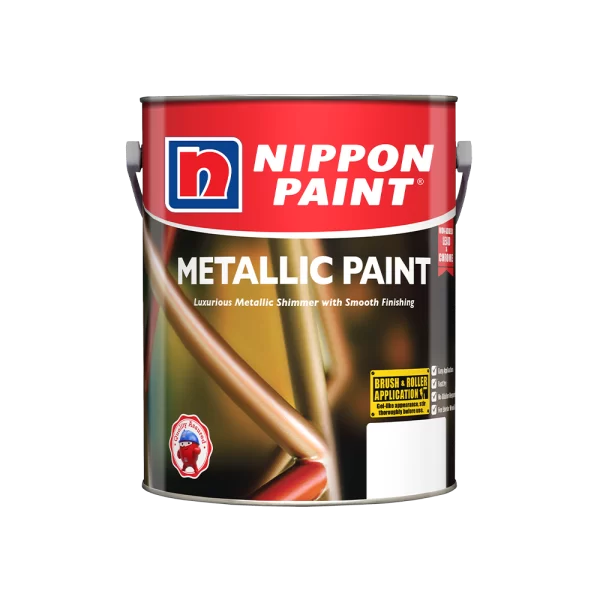 Nippon Paint Metallic Paint canister featuring a luxurious metallic shimmer and smooth finishing, ideal for enhancing interior and exterior surfaces with a stylish touch. Suitable for brush and roller application.