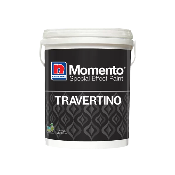 Nippon Paint Momento Special Effect Paint in Travertino, showcasing a sleek bucket design ideal for home decor projects. Low VOC and low odor formulation for a healthier environment.