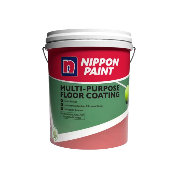 Nippon Paint Multi-Purpose Floor Coating bucket showcasing features like excellent adhesion, abrasion resistance, and water resistance, ideal for durable floor protection.