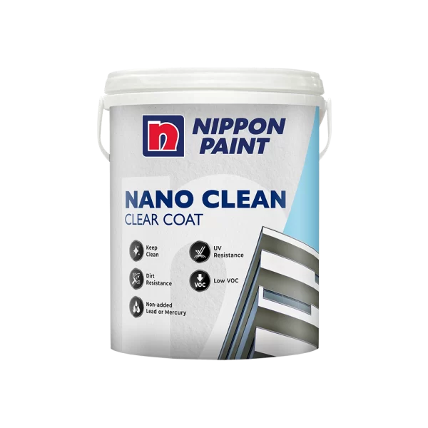 Nippon Paint Nano Clean Clear Coat product packaging, featuring key benefits such as UV resistance, low VOC, and dirt resistance. Ideal for maintaining clean surfaces without added lead or mercury.