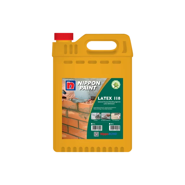 Nippon Paint Latex 118 general-purpose bonding agent and latex admixture in a yellow container, designed for enhancing cement, screeds, and renders with improved adhesion and water resistance.