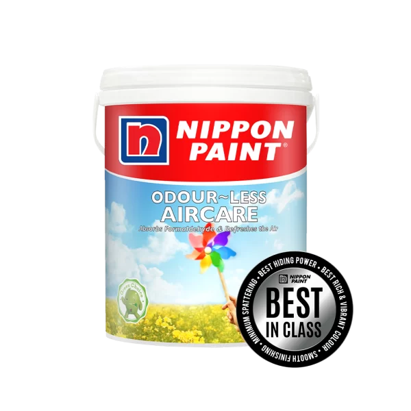 Nippon Paint Odour-Less Aircare paint product in a white container, designed to absorb formaldehyde and refresh indoor air. Features a vibrant label with a colorful pinwheel and highlights its best-in-class qualities such as excellent hiding power and smooth finish.