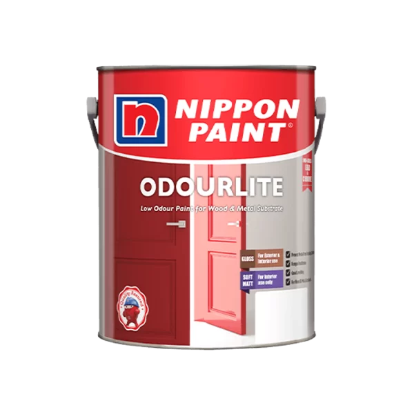 Nippon Paint OdourLite paint can, designed for low odour application on wood and metal surfaces. Features a soft matte finish, ideal for both interior and exterior use.