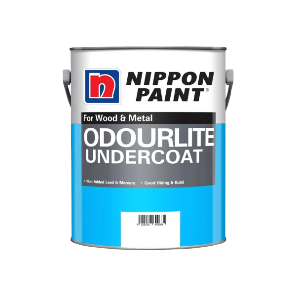 Nippon Paint Odourlite Undercoat can for wood and metal, featuring non-added lead and mercury, designed for good hiding and build quality.