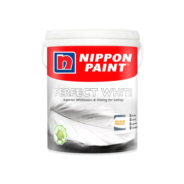 Nippon Paint Perfect White paint bucket, showcasing superior whiteness and hiding properties for ceilings. Ideal for achieving a bright, clean finish in interior spaces.