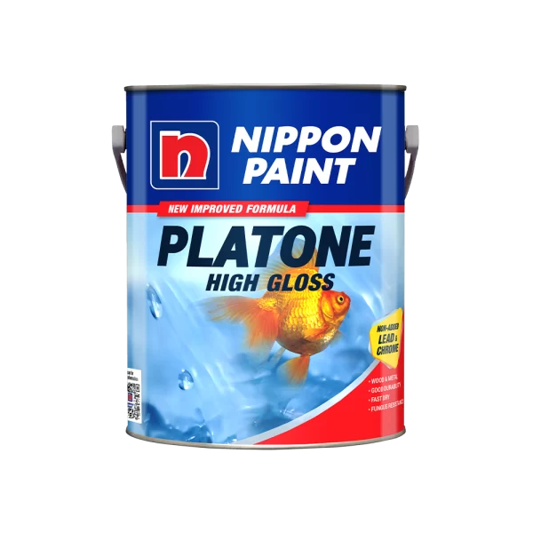 Nippon Paint Platone High Gloss paint can featuring a new improved formula, designed for wood and metal surfaces, offering great durability and a fast-drying finish.
