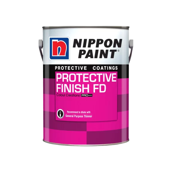 Nippon Paint Protective Finish FD can, featuring a vibrant pink design, ideal for protective coatings. Recommended for use with General Purpose Thinner for optimal results.