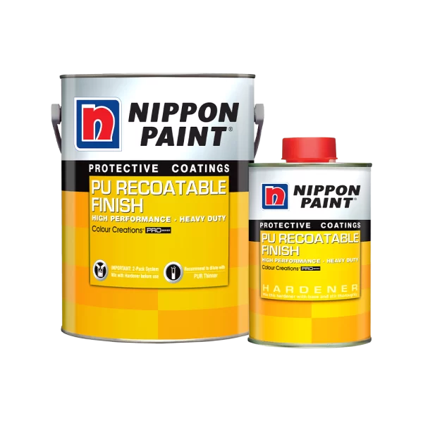 Nippon Paint PU Recoatable Finish product packaging, featuring a large can and a smaller hardener can, designed for high-performance, heavy-duty protective coatings. Ideal for various applications, this 2-pack system ensures optimal results when mixed with the hardener.