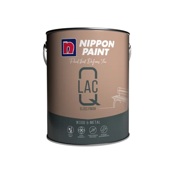 Nippon Paint LAC Q Gloss Finish in a can, designed for wood and metal surfaces, showcasing features like easy application, good durability, stain and fungus resistance, and excellent gloss retention.