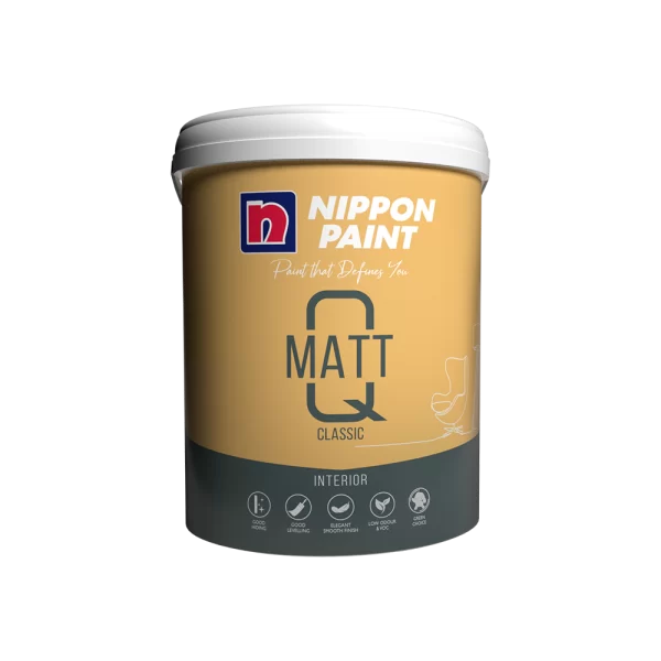 Nippon Paint Matt Q Classic interior paint can, featuring a sleek design and highlighting its qualities such as good hiding, elegant smooth finish, and low odor. Ideal for transforming indoor spaces with a sophisticated matte look.