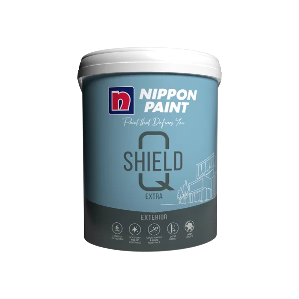Nippon Paint Shield Q Extra exterior paint can, showcasing its protective features and modern design, ideal for enhancing outdoor surfaces.