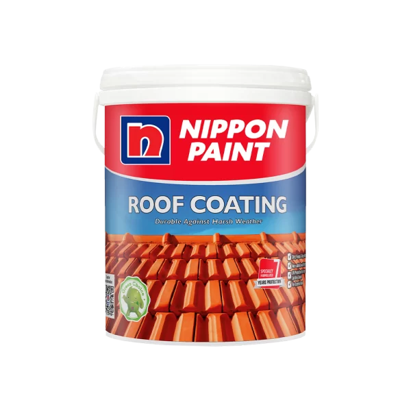 Nippon Paint Roof Coating product container, designed for durability against harsh weather conditions, featuring a vibrant label and a visual of terracotta roofing tiles.