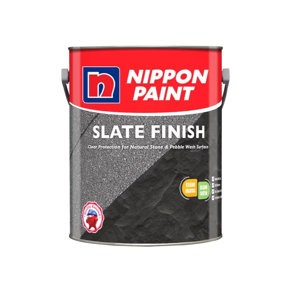 Nippon Paint Slate Finish product canister, designed for clear protection of natural stone and pebble wash surfaces, featuring options for clear gloss and clear satin finishes.