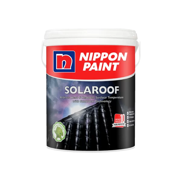 Nippon Paint Solaroof product container, designed to reflect heat and reduce surface temperature using Sunblock Technology, featuring a 10-year protection guarantee.