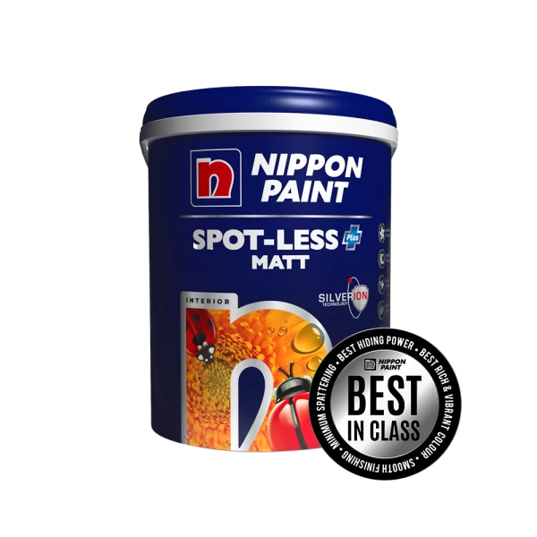 Nippon Paint Spot-Less Plus Matt interior paint can featuring SilverIon technology, known for its best-in-class hiding power and vibrant colors. Ideal for minimizing splattering during application.