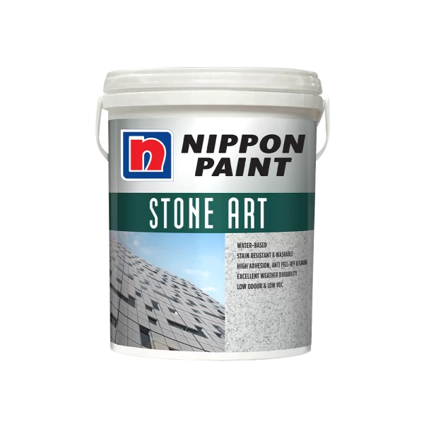 Nippon Paint Stone Art product in a white bucket, featuring water-based, stain-resistant, and washable qualities. Ideal for high adhesion and excellent weather durability, suitable for various surfaces.