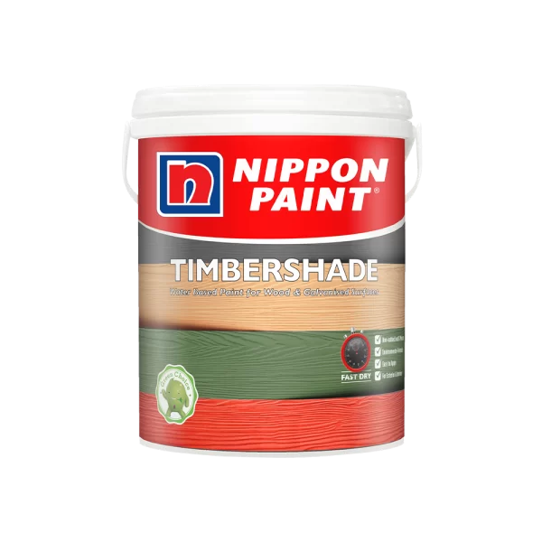 Nippon Paint Timbershade, a water-based paint designed for wood and galvanized surfaces, featuring a fast-dry formula.