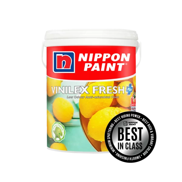 Nippon Paint Vinilex Fresh Plus low odour anti-microbial paint in a white container featuring vibrant yellow lemons, highlighting its best-in-class qualities such as superior hiding power and smooth finish.