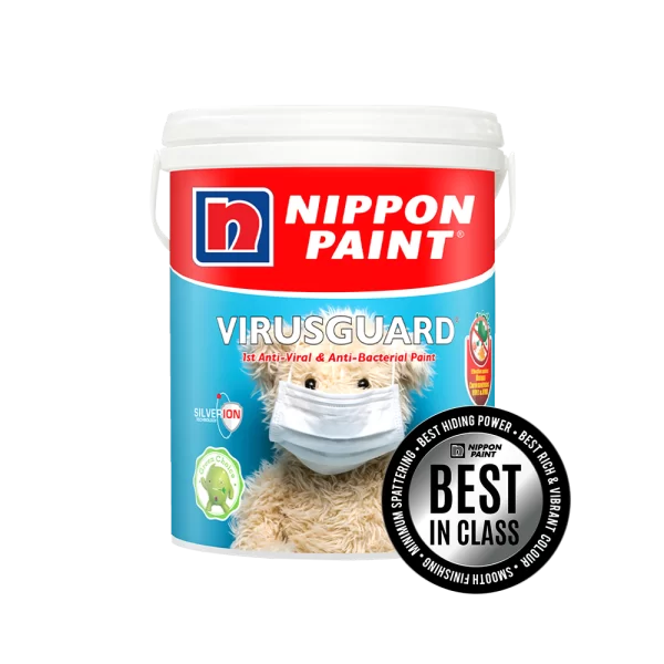 Nippon Paint VirusGuard, the first anti-viral and anti-bacterial paint, featuring a cute mascot wearing a mask. The product emphasizes superior hiding power and vibrant color quality, highlighted by a "Best in Class" badge. Ideal for creating safe and healthy indoor environments.