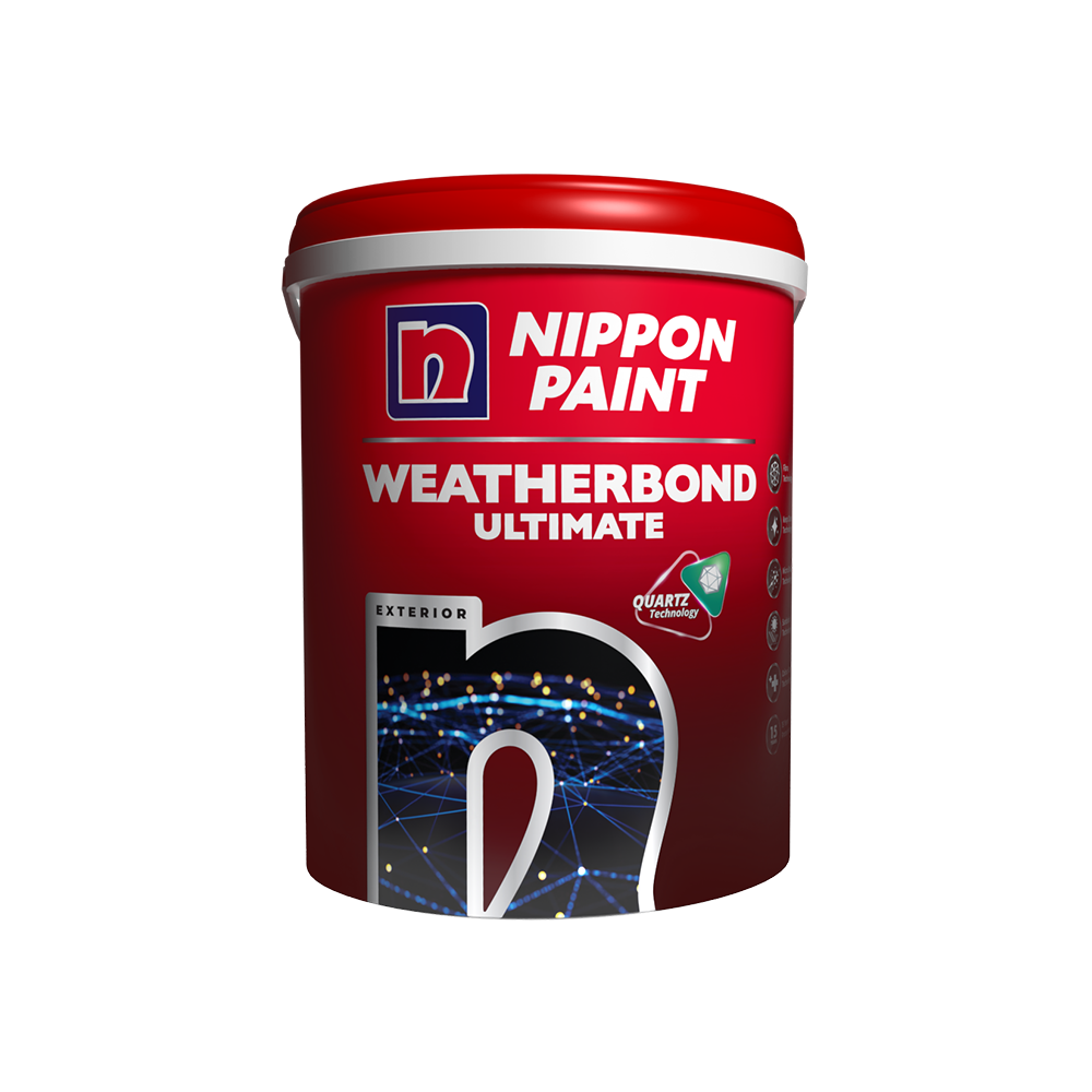 Nippon Paint Weatherbond Ultimate exterior paint can featuring advanced Quartz Technology for superior durability and weather resistance. Ideal for protecting outdoor surfaces.