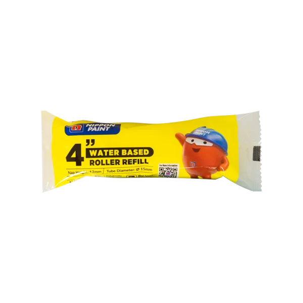 Nippon Paint 4-inch water-based roller refill packaging featuring a cheerful character, designed for smooth application and optimal paint coverage. Ideal for DIY projects and professional use.
