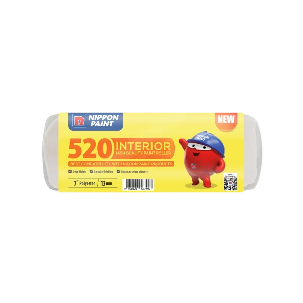 Nippon Paint 520 Interior High-Quality Paint Roller, designed for smooth finishing and good hiding, compatible with Nippon Paint products. 7-inch polyester roller with a 13mm nap for enhanced color vibrancy.