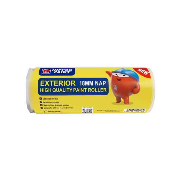 Nippon Paint Exterior 18mm Nap High-Quality Paint Roller packaging showcasing its features, including smooth paint finish, large area coverage, shed-resistant, and solvent-resistant properties, suitable for various paints and surfaces.