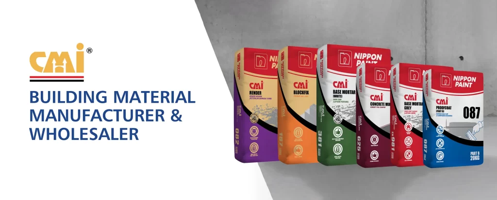 CMI building material products displayed, featuring Nippon Paint branding; includes CMI Render, BlockFix, Base Mortar White, Concrete Mix, Base Mortar Grey, and Proofcoat, showcasing a range of construction solutions.