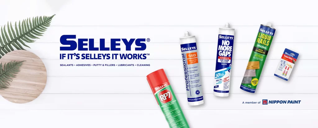 Selleys product range featuring sealants, adhesives, putty fillers, lubricants, and cleaning solutions, highlighted with the Nippon Paint branding.