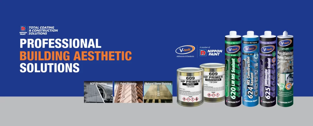 Image showcasing V-tech products, including HP Primer Resin, Hardener, and various sealants, highlighting Nippon Paint's commitment to professional building aesthetic solutions. The background features images of ACP streaking, paint staining, and natural stone staining, emphasizing total coating and construction solutions.