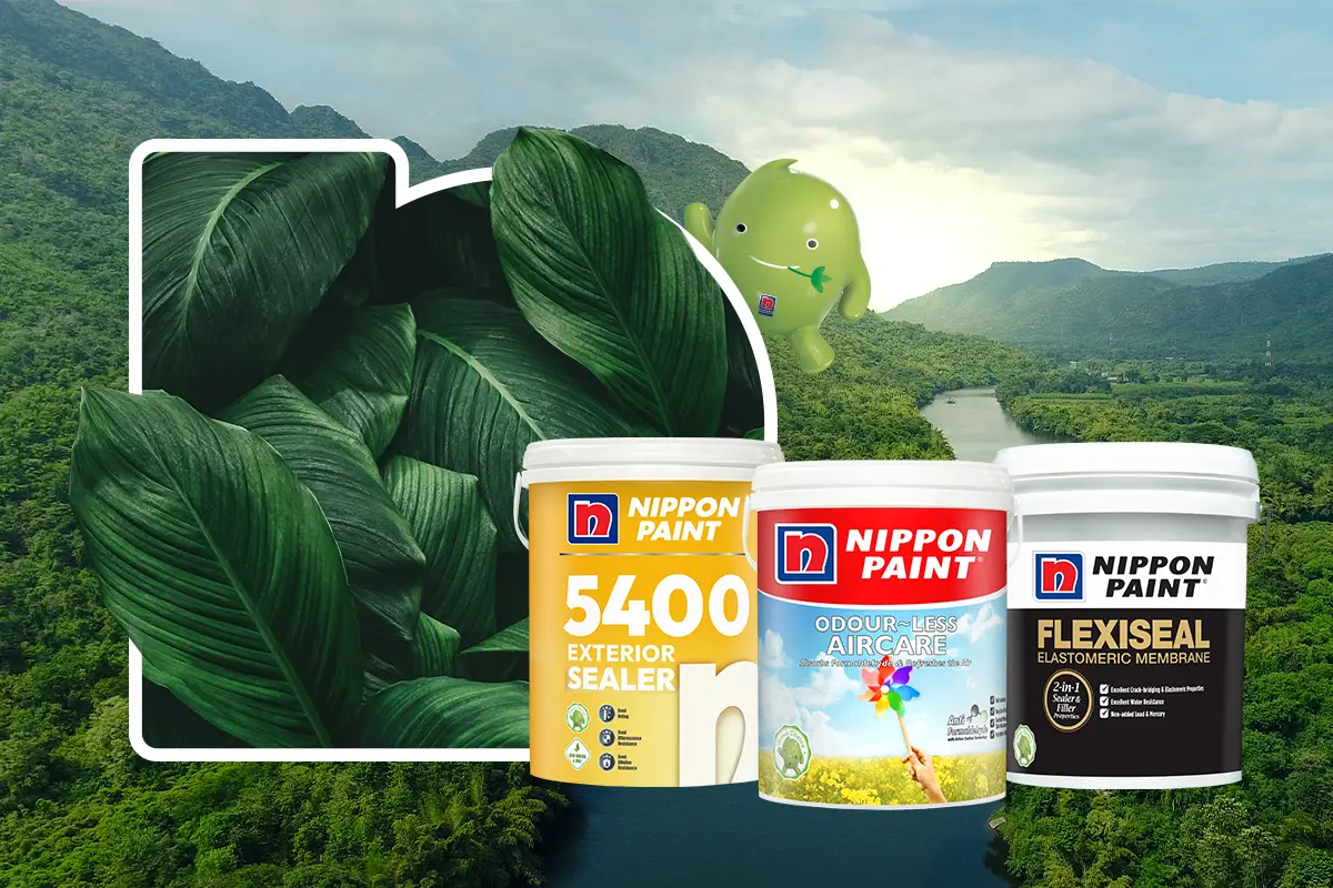 Nippon Paint products including 5400 Exterior Sealer, Odour-Less Aircare, and Flexiseal are showcased against a backdrop of lush green leaves and a scenic landscape, emphasizing eco-friendliness and quality in home improvement.