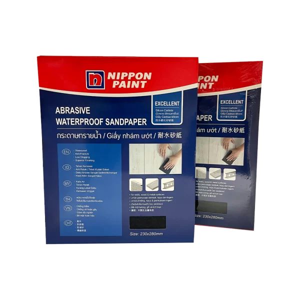 Nippon Paint Abrasive Waterproof Sandpaper packaging featuring product details and usage instructions. Ideal for achieving smooth finishes on various surfaces, the sandpaper measures 230x280mm and is suitable for wood, metal, and plastic applications.