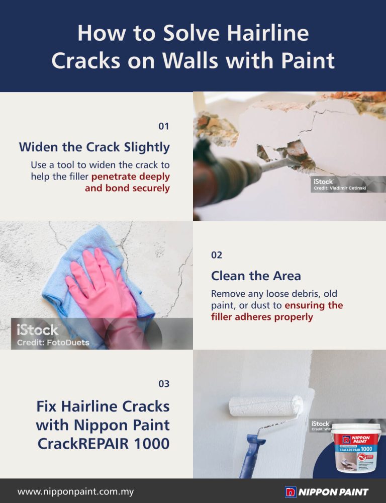 Step-by-step guide on fixing hairline cracks on walls using Nippon Paint products. Instructions include widening the crack, cleaning the area, and applying Nippon Paint CrackREPAIR 1000 for effective repair.